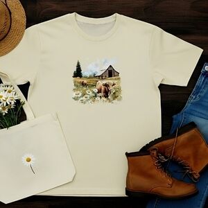 Rustic Highland Cow Graphic Tee • Barn & Daisy Pastoral Scene Shirt • Country